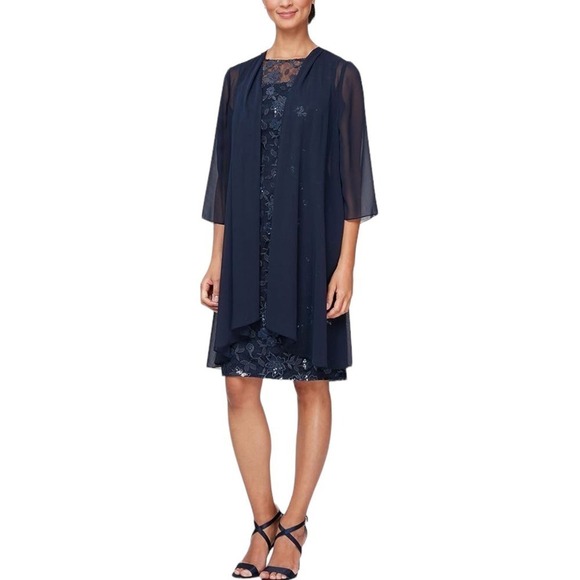 New Women's Alex Evenings Short Embroidered Dress with Illusion Jacket Size  8P